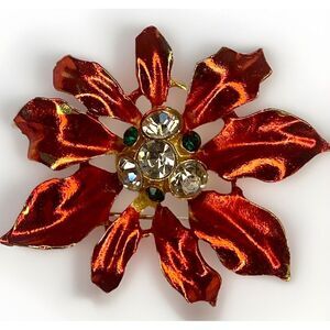 2" St. Labre Signed Poinsettia Brooch‎ Green Rhinestones Christmas Holiday Pin